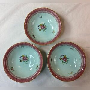 Adams Calyx Ware Lowestoft Ironstone Pink & Aqua Floral Ceramic Bowls - Set of 3